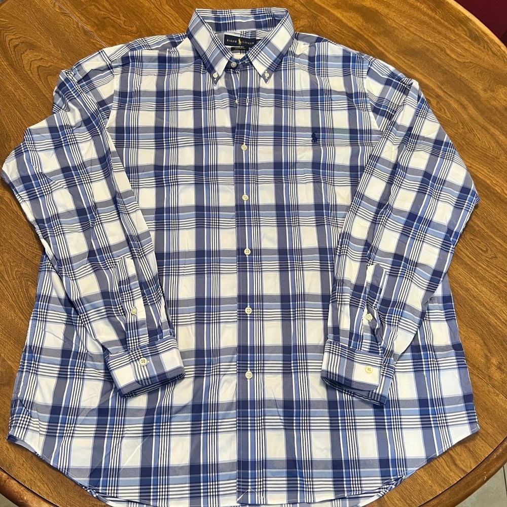 Ralph Lauren Classic Fit Performance Stretch Blue Plaid‎ Long Sleeve Men's XXL